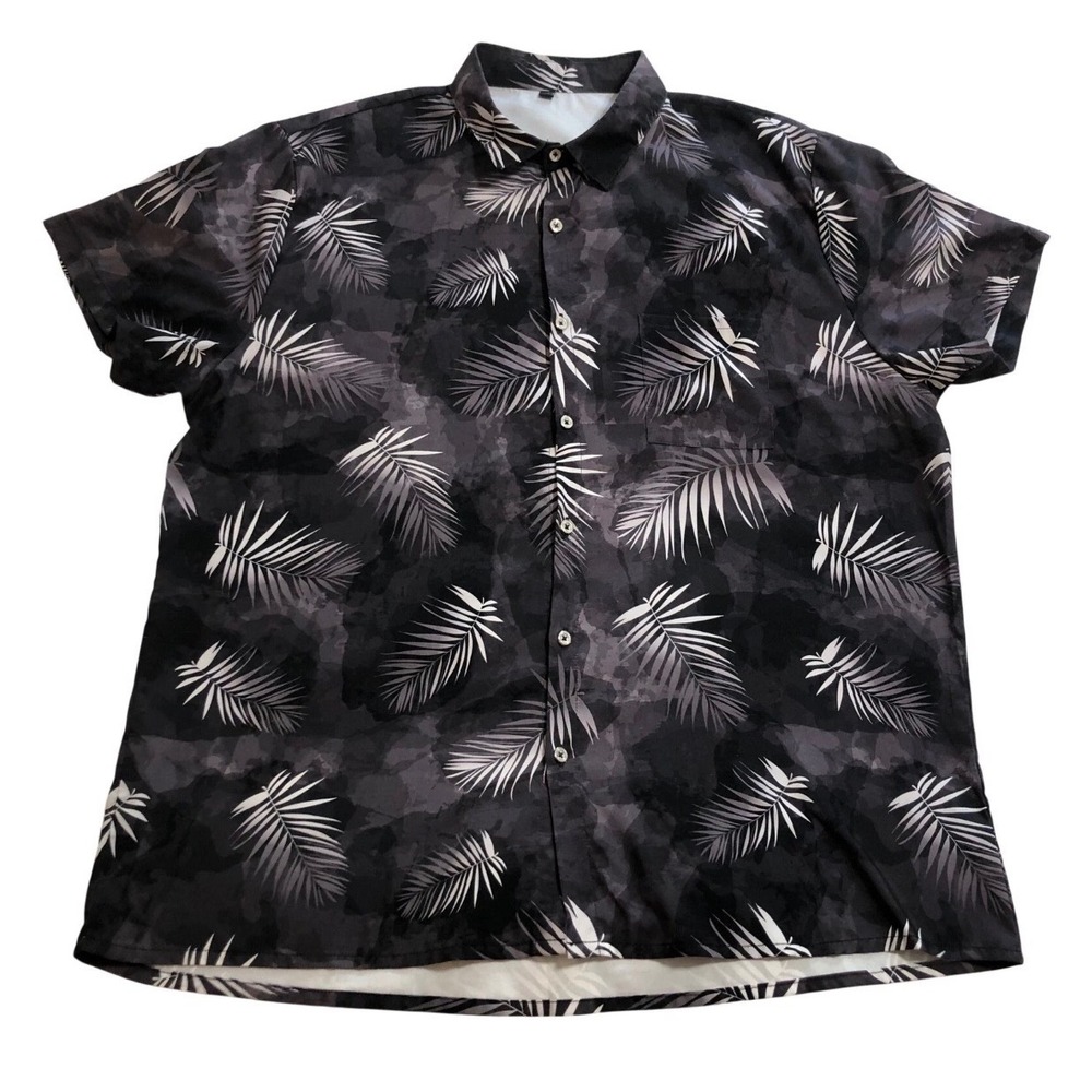 KYKU Mens Short Sleeve Button Down Shirt Black Grey Tropical Palm Leaf Print XL